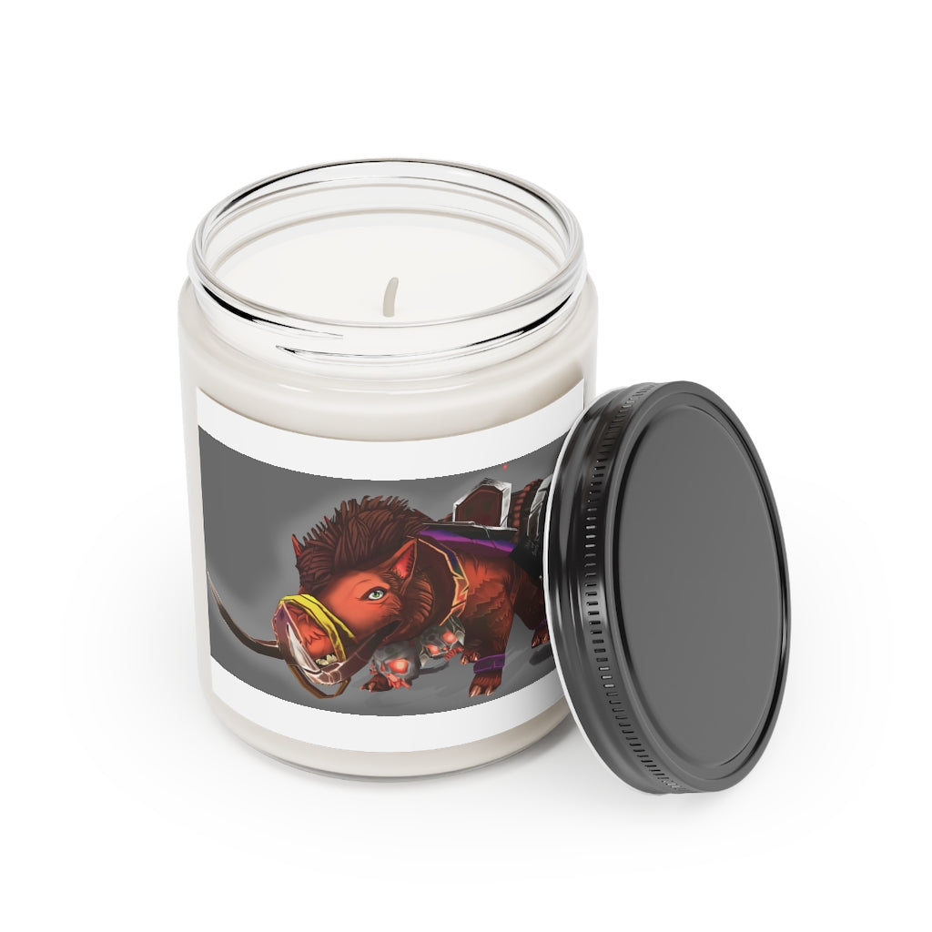 Spam the Death Mount Scented Candle in a glass container, featuring a permanent adhesive label, showcasing its vegan soy coconut wax composition.