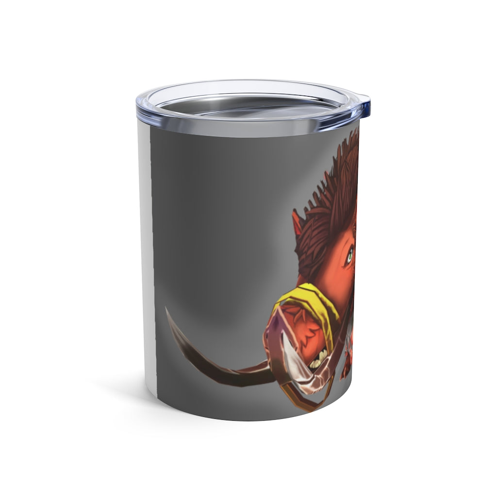 Spam the Death Mount Tumbler 10oz in stainless steel with a see-thru plastic lid, showcasing its sleek design and rounded corners.