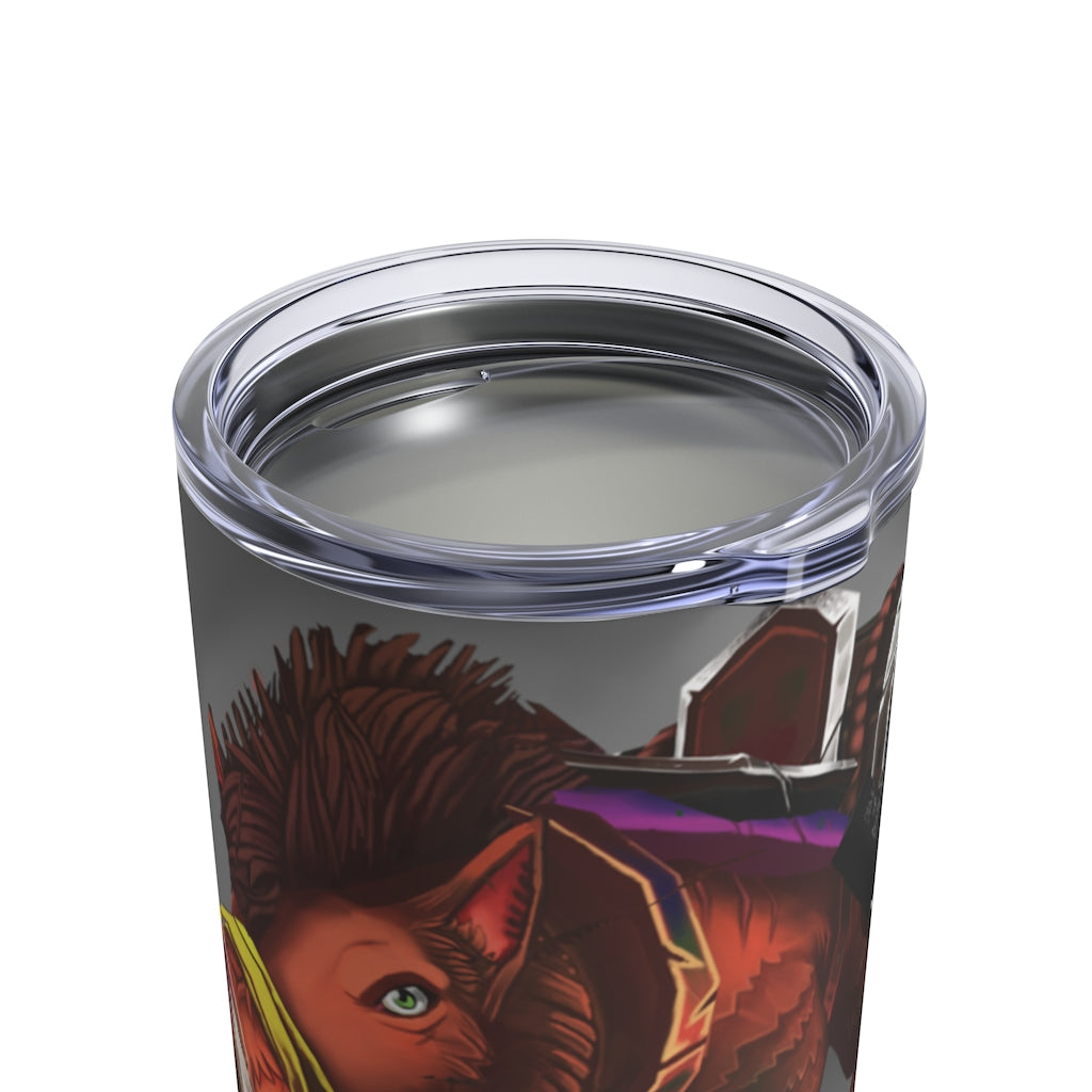 Spam the Death Mount Tumbler 10oz in stainless steel with a see-thru plastic lid, showcasing its sleek design and rounded corners.