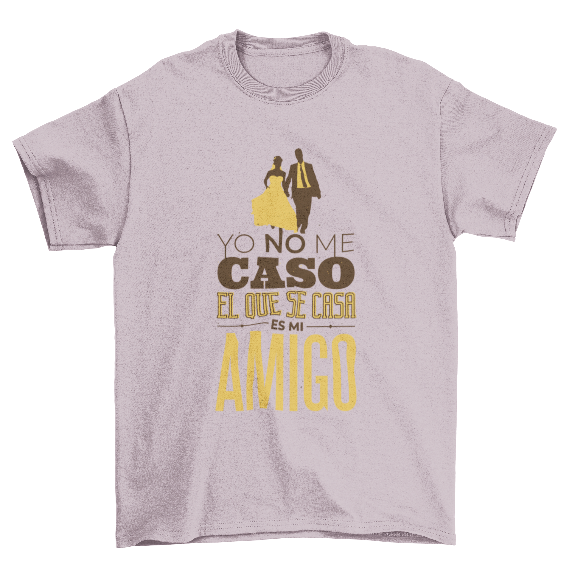 Spanish Wedding Quote T-Shirt featuring a bride and groom illustration with the quote 'Yo no me caso el que se casa es mi amigo'.