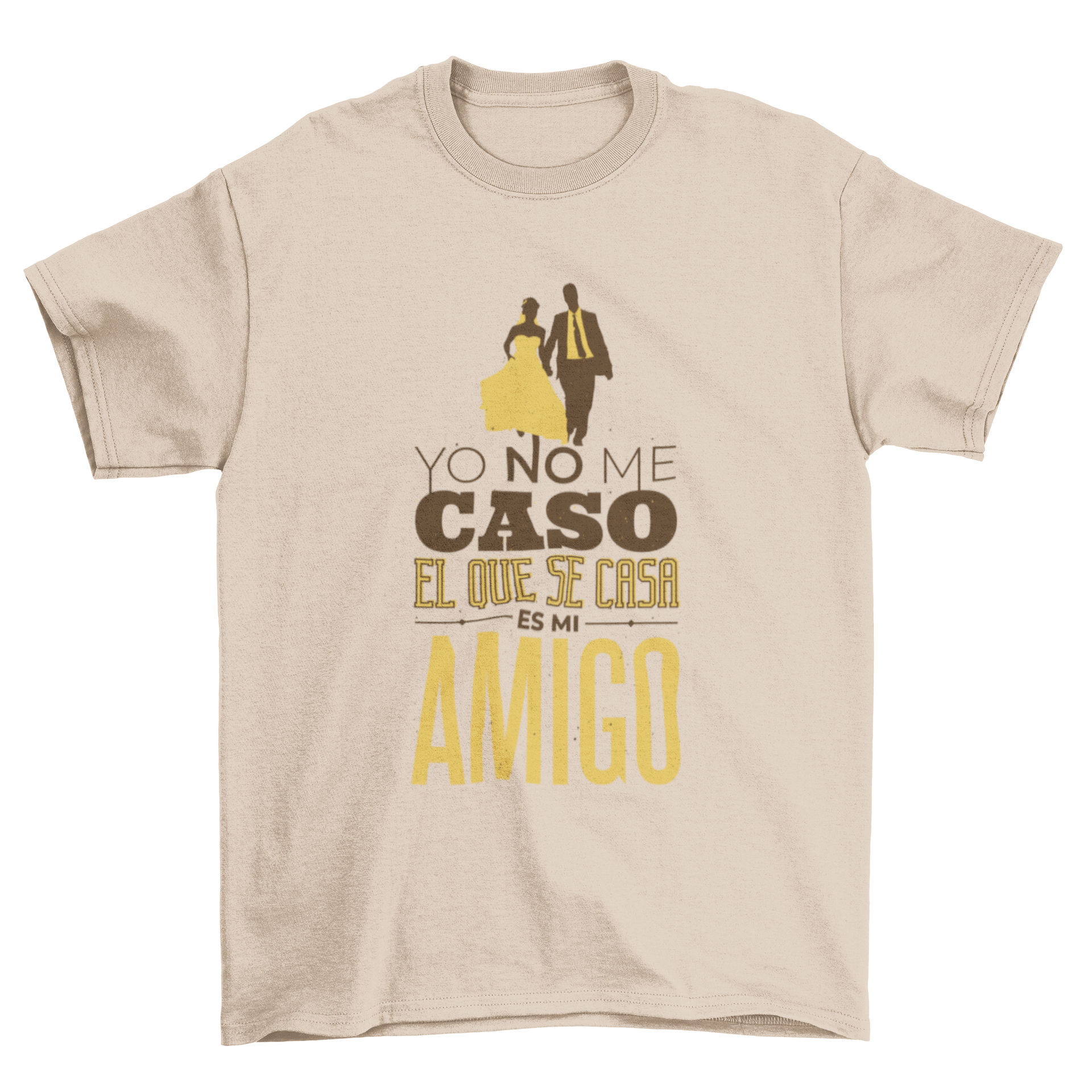 Spanish Wedding Quote T-Shirt featuring a bride and groom illustration with the quote 'Yo no me caso el que se casa es mi amigo'.