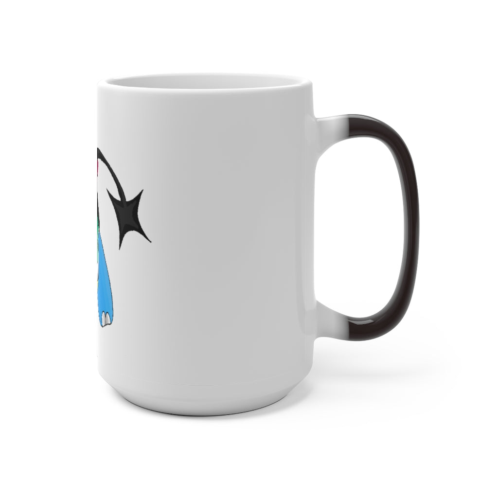 A white ceramic mug that changes color when filled with hot liquid, showcasing its unique design and C-handle.