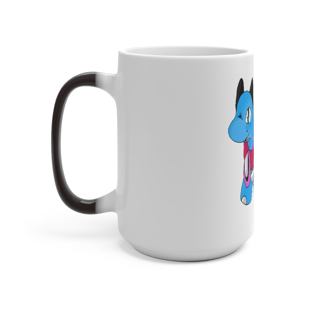 A white ceramic mug that changes color when filled with hot liquid, showcasing its unique design and C-handle.