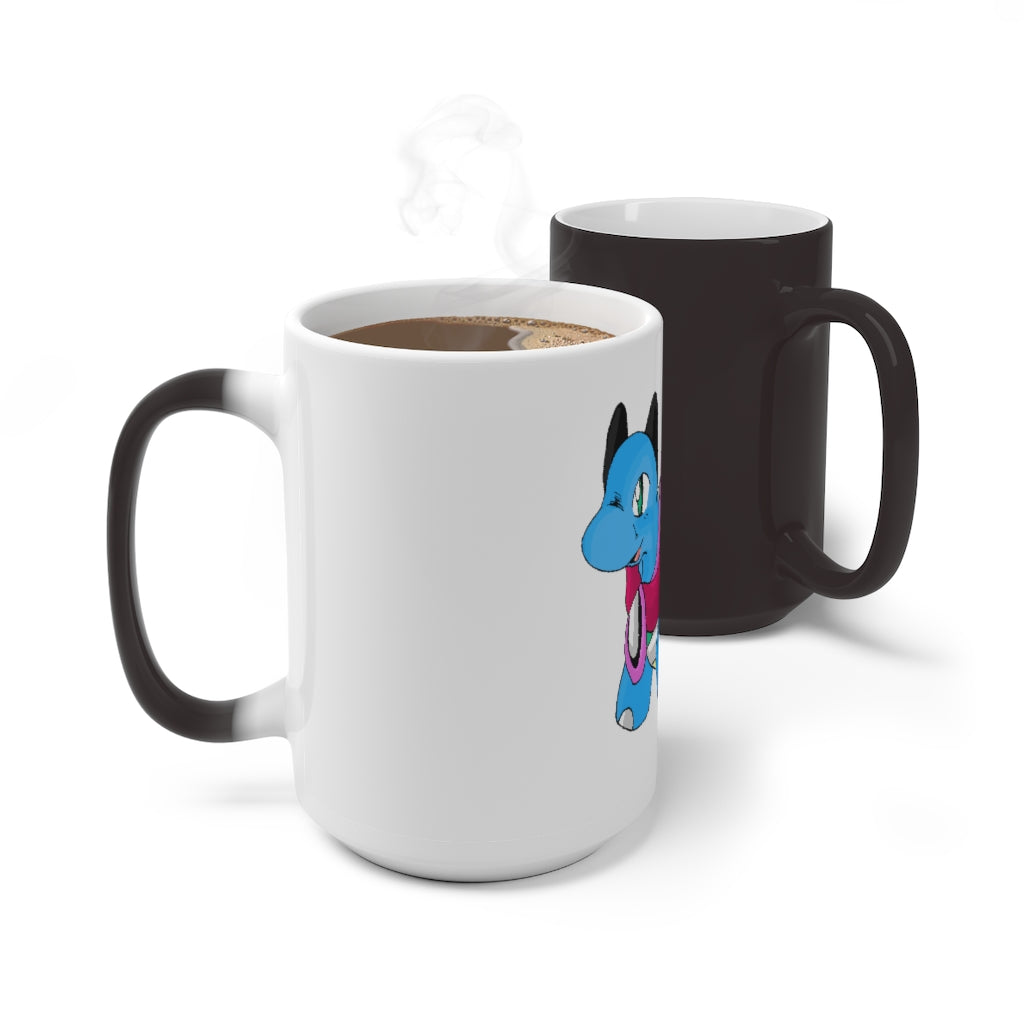 A white ceramic mug that changes color when filled with hot liquid, showcasing its unique design and C-handle.