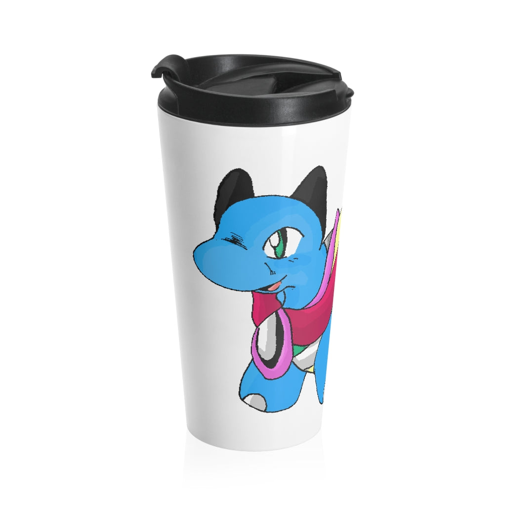 Spanx Stainless Steel Travel Mug with black lid, showcasing its sleek design and vibrant sublimation print.