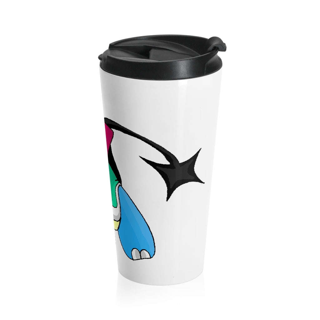 Spanx Stainless Steel Travel Mug with black lid, showcasing its sleek design and vibrant sublimation print.