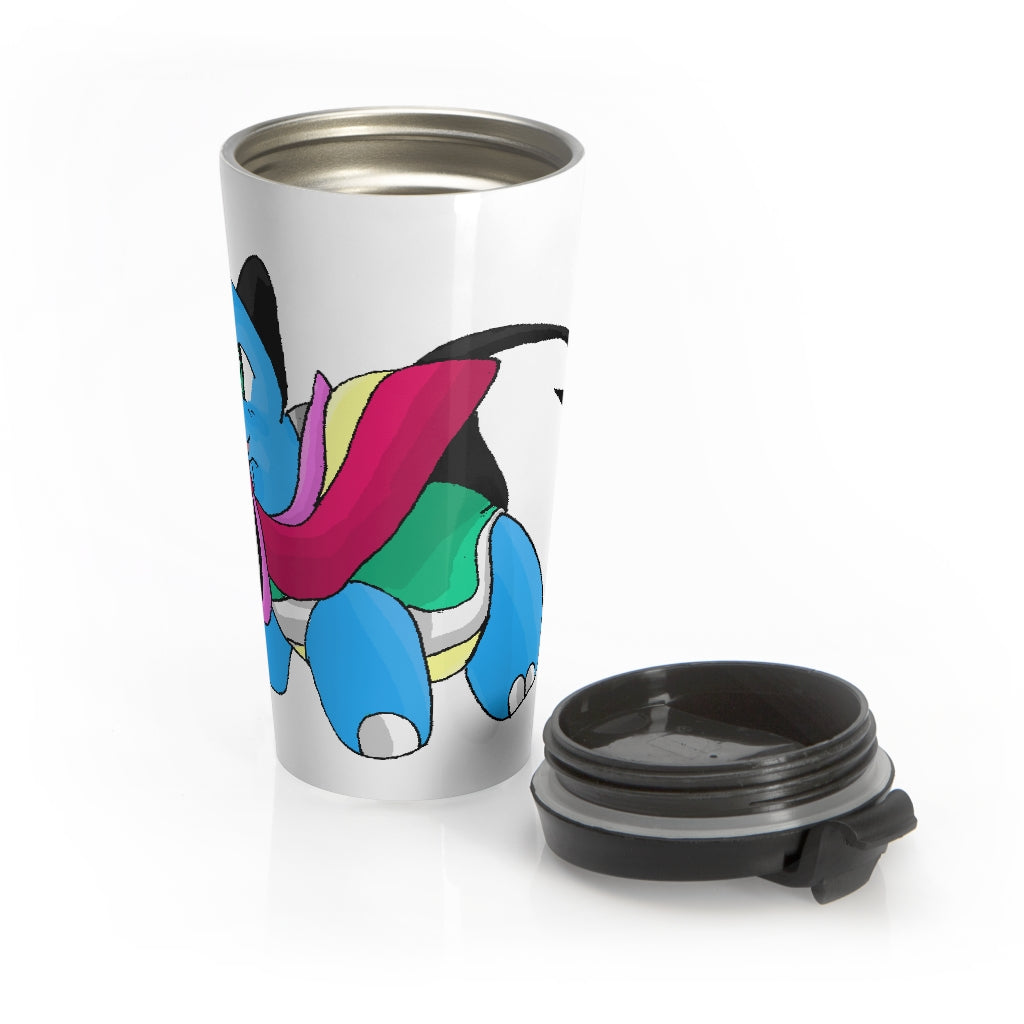 Spanx Stainless Steel Travel Mug with black lid, showcasing its sleek design and vibrant sublimation print.