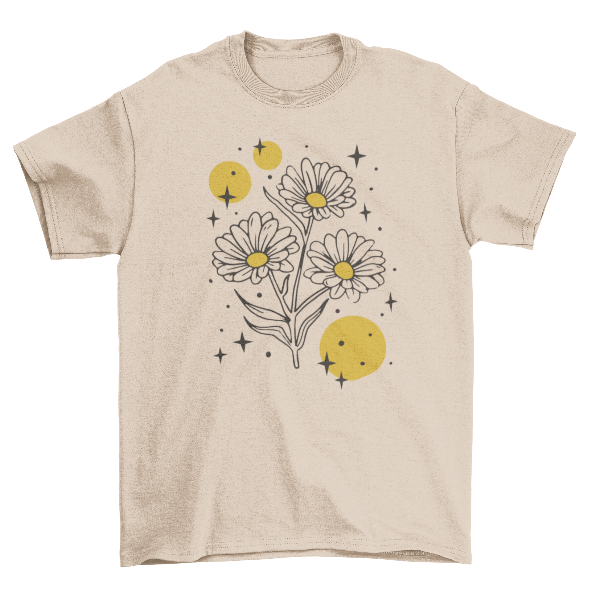 A vibrant t-shirt featuring sparkling flowers and colorful filled circles, showcasing a unique and artistic design.