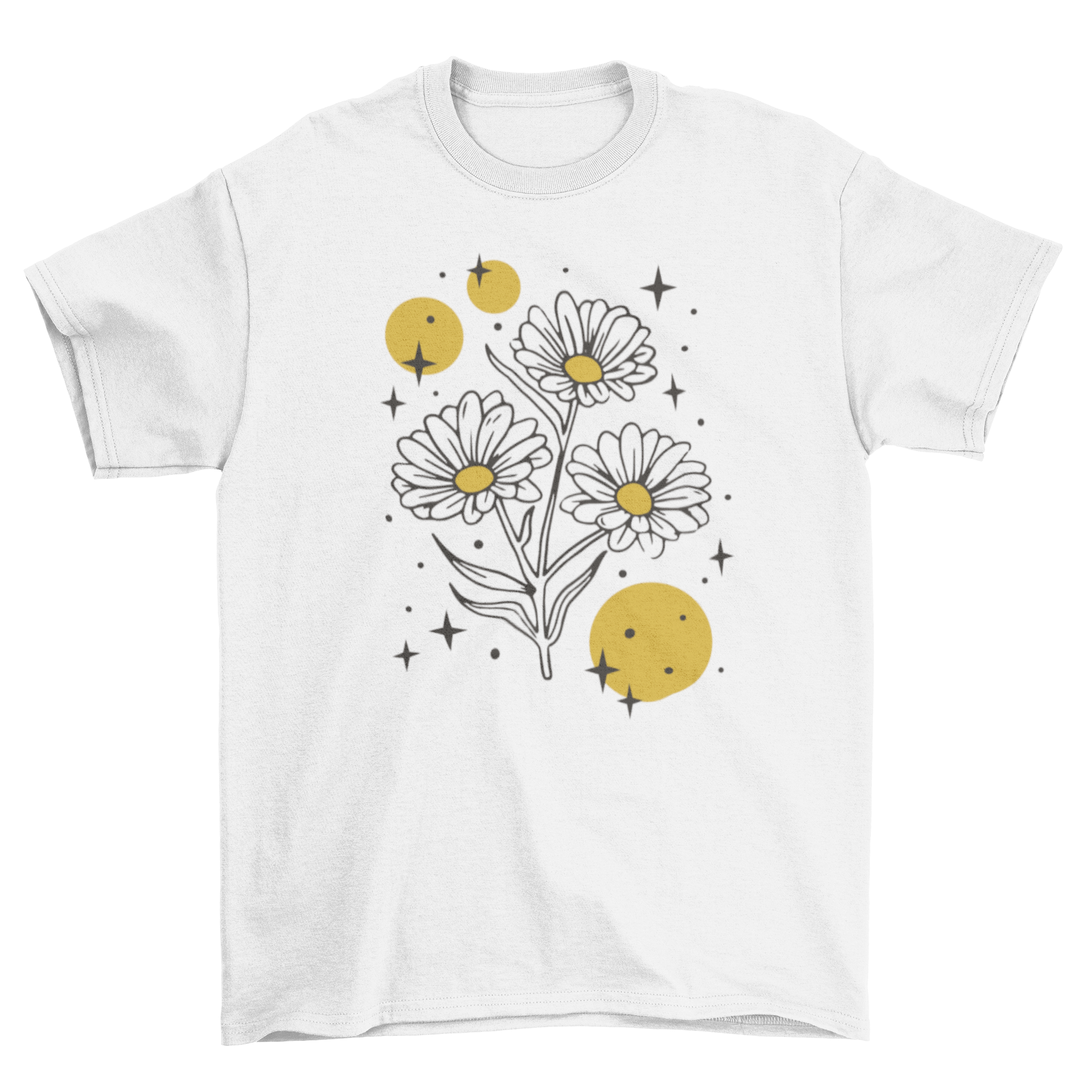 A vibrant t-shirt featuring sparkling flowers and colorful filled circles, showcasing a unique and artistic design.