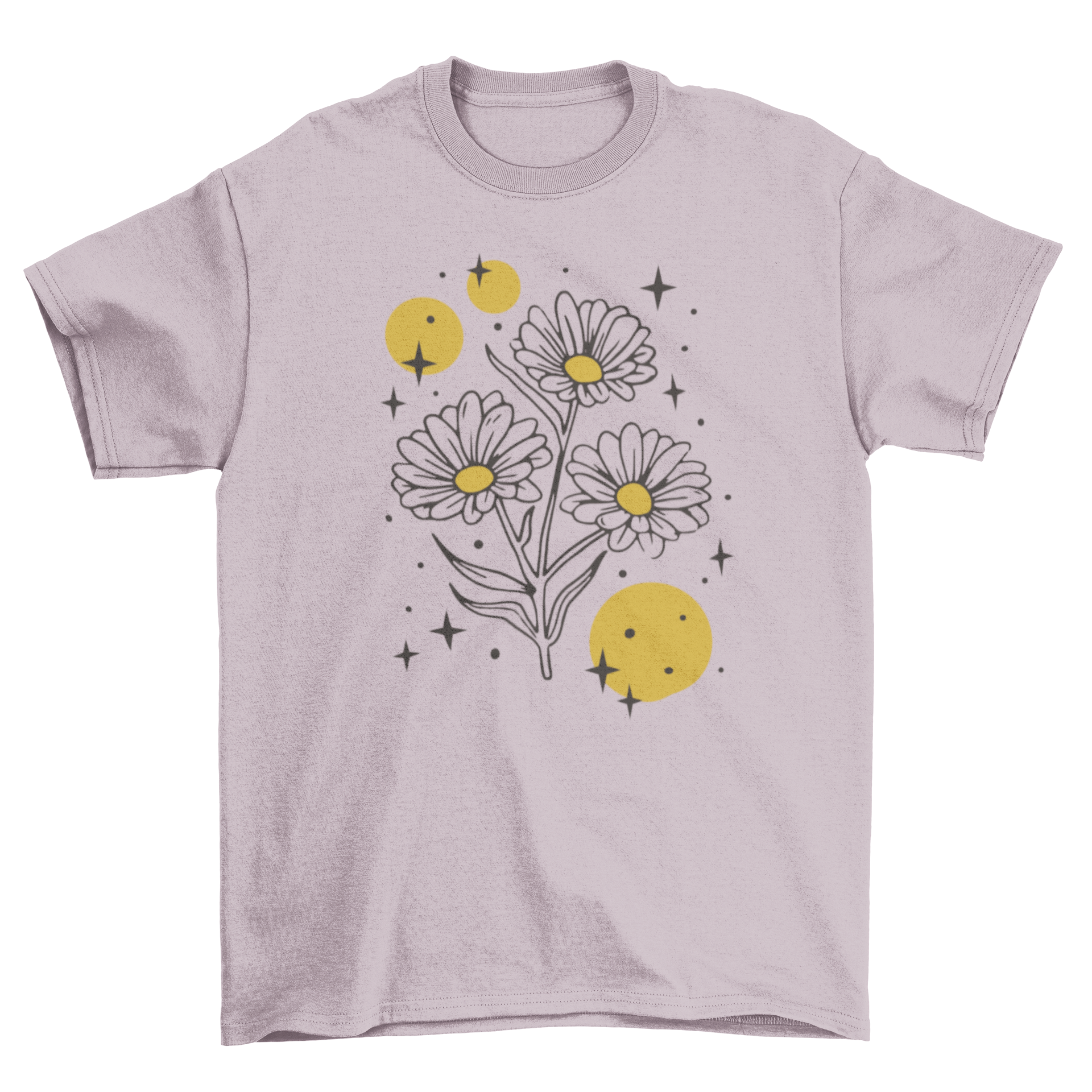 A vibrant t-shirt featuring sparkling flowers and colorful filled circles, showcasing a unique and artistic design.