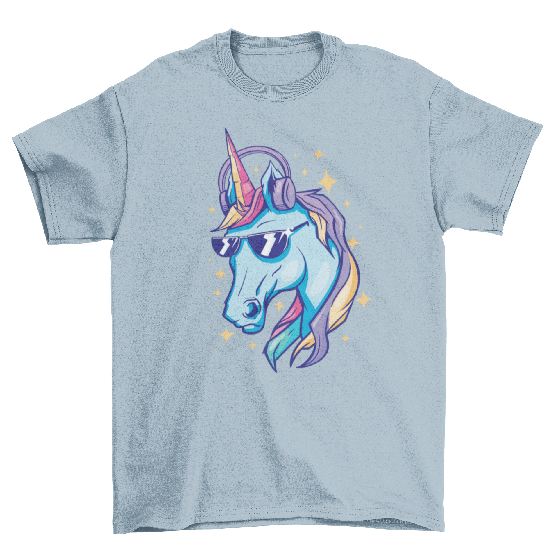 A colorful sparkly unicorn t-shirt featuring a unicorn wearing stylish sunglasses, perfect for unicorn lovers.