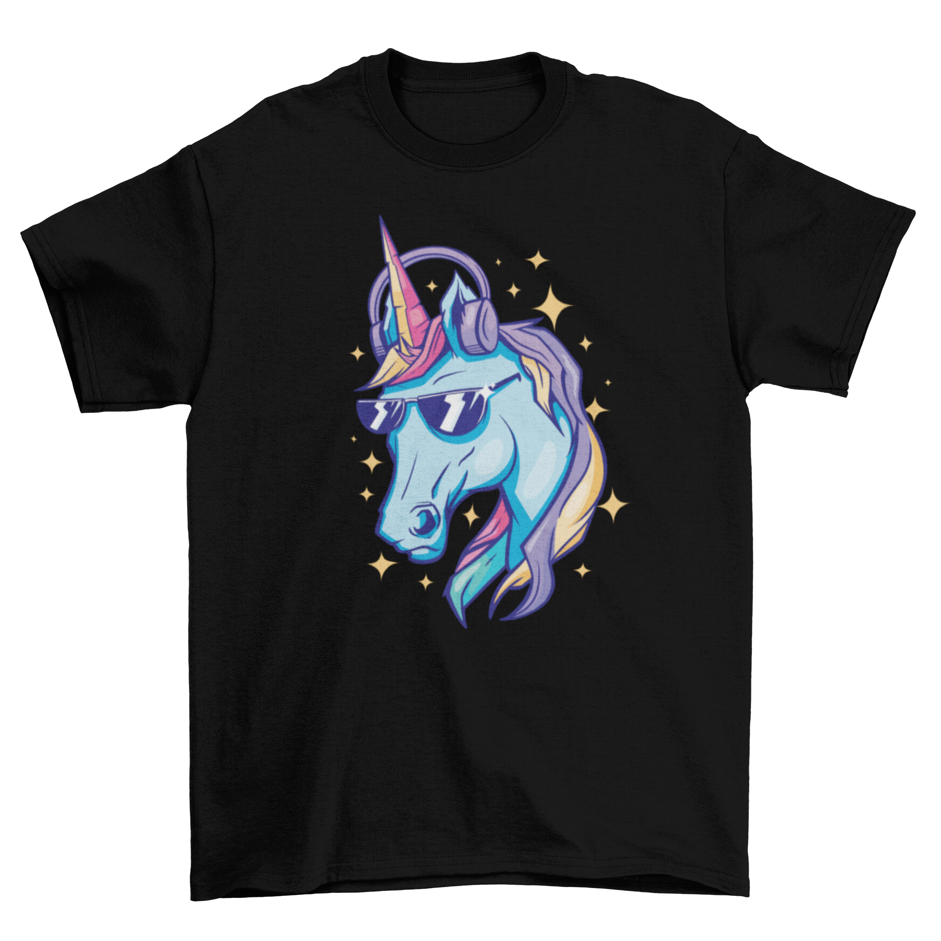 A colorful sparkly unicorn t-shirt featuring a unicorn wearing stylish sunglasses, perfect for unicorn lovers.