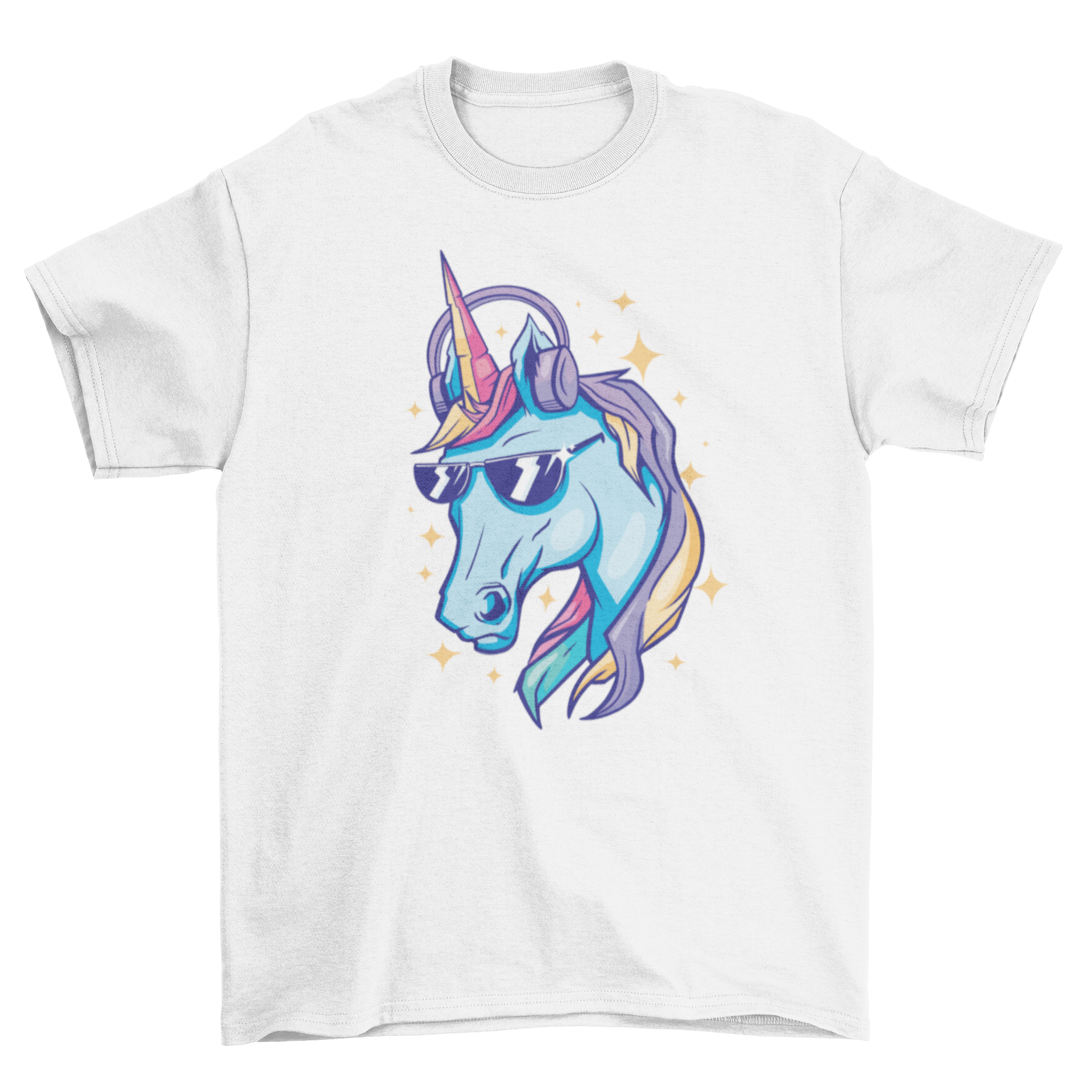 A colorful sparkly unicorn t-shirt featuring a unicorn wearing stylish sunglasses, perfect for unicorn lovers.