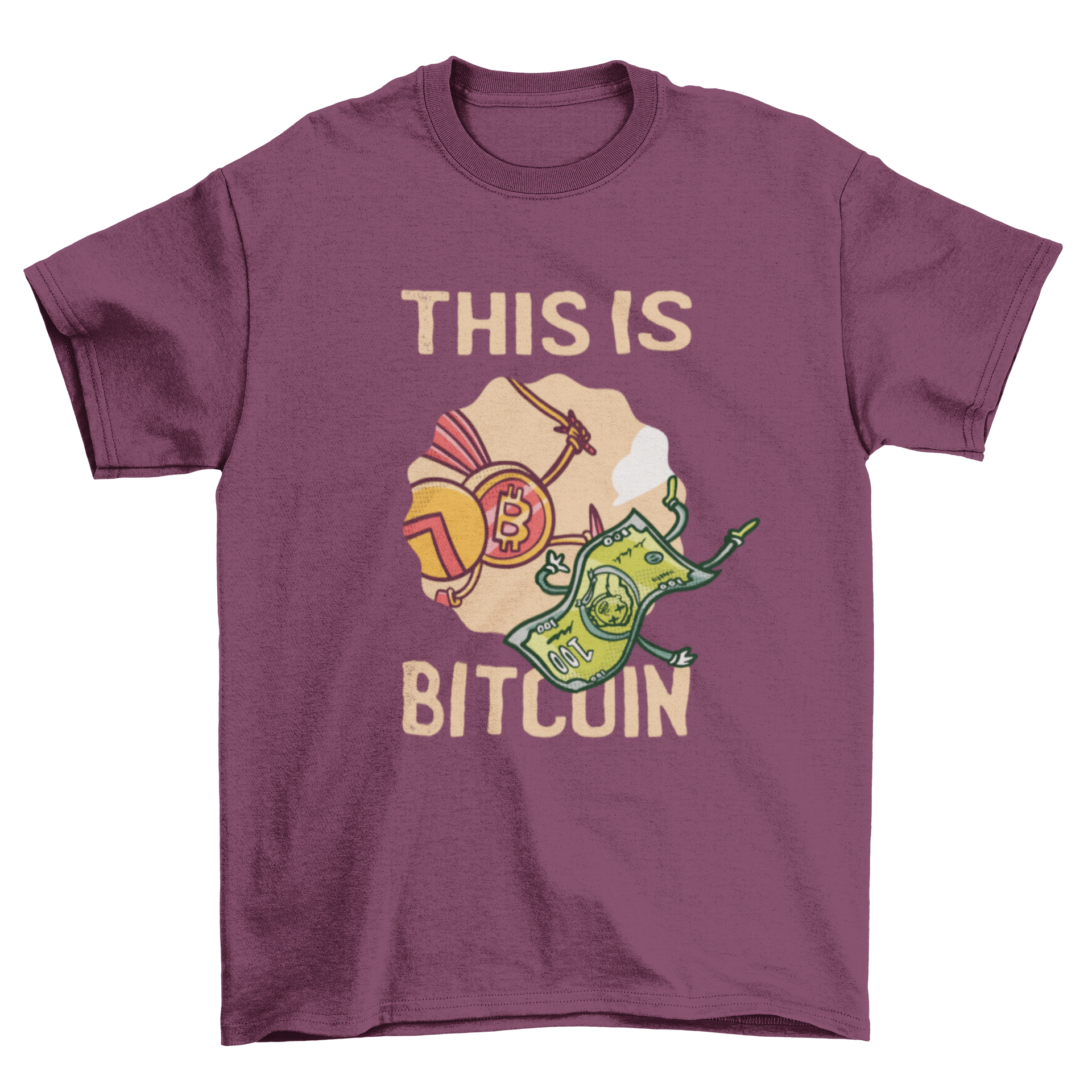 Spartan Bitcoin Quote T-Shirt featuring a Spartan warrior pushing a dollar bill away, symbolizing cryptocurrency strength.