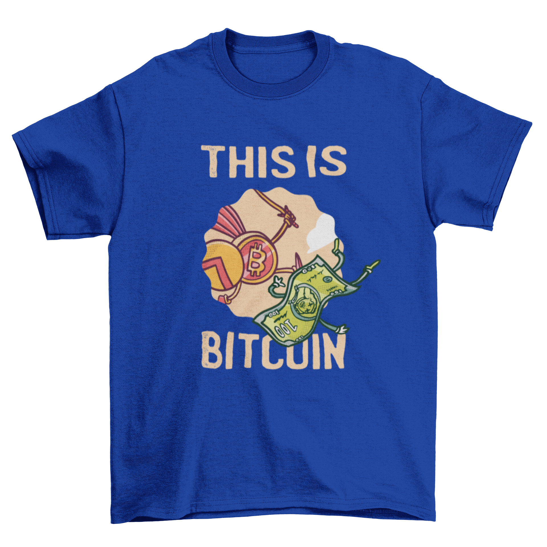 Spartan Bitcoin Quote T-Shirt featuring a Spartan warrior pushing a dollar bill away, symbolizing cryptocurrency strength.