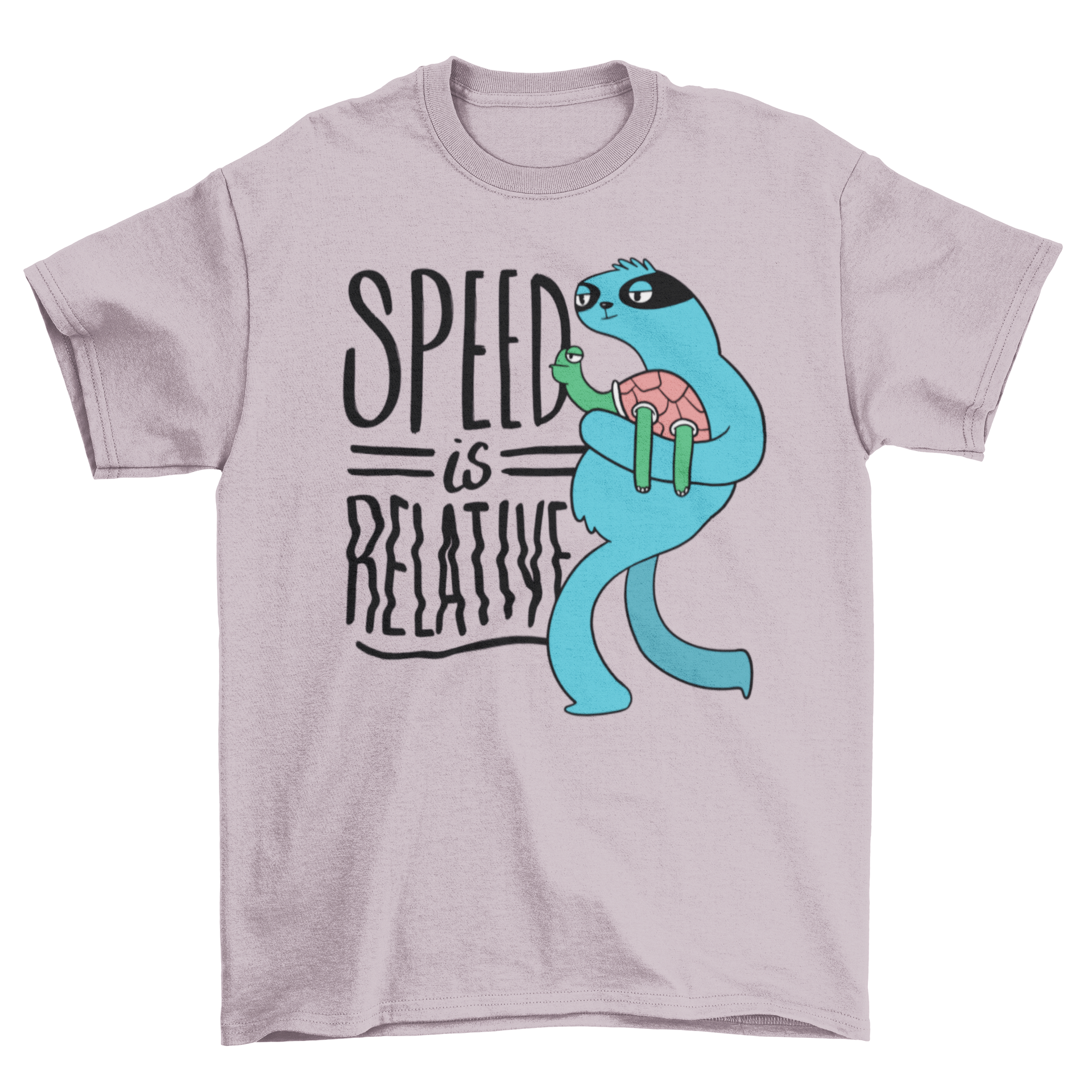 Speed Sloth Quote T-shirt featuring a sloth and turtle with the quote 'SPEED IS RELATIVE' in a playful design.