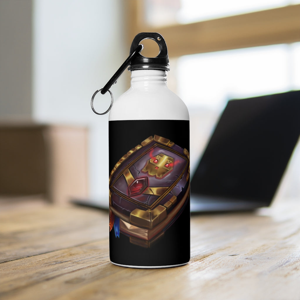 Spell Book Stainless Steel Water Bottle with a unique design, featuring a plastic screw top and carabiner for easy carrying.