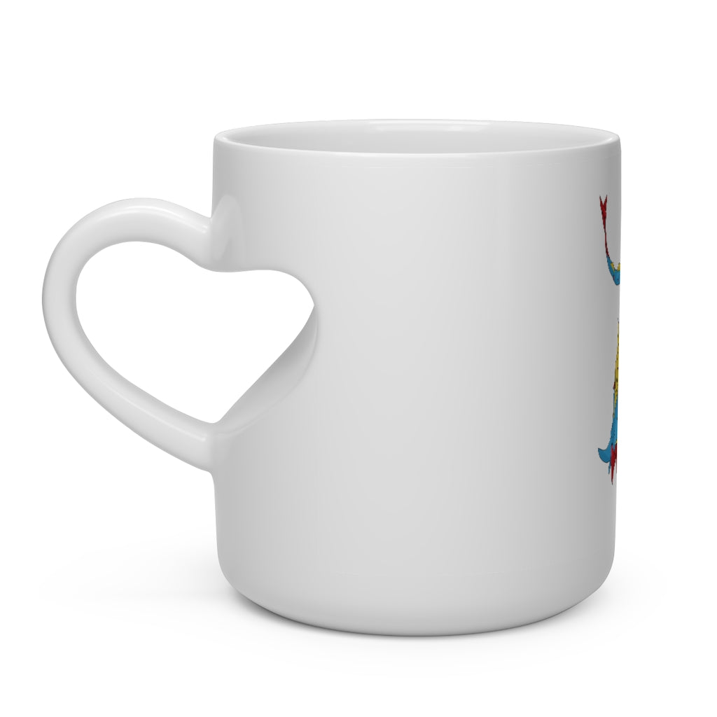 A white ceramic heart-shaped mug with a heart-shaped handle, perfect for hot beverages.