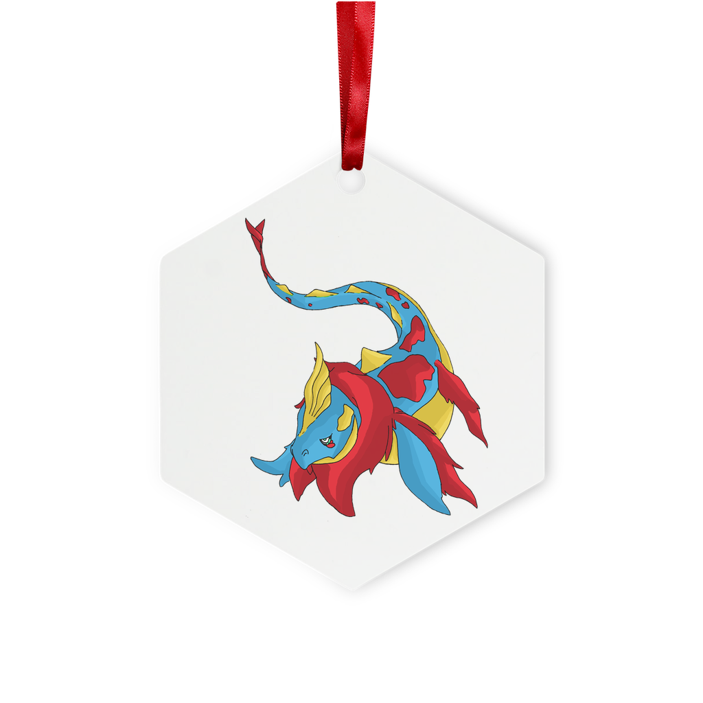 Sphale Metal Hanging Ornament in hexagon and star shapes, featuring a glossy white finish and red ribbon for hanging.