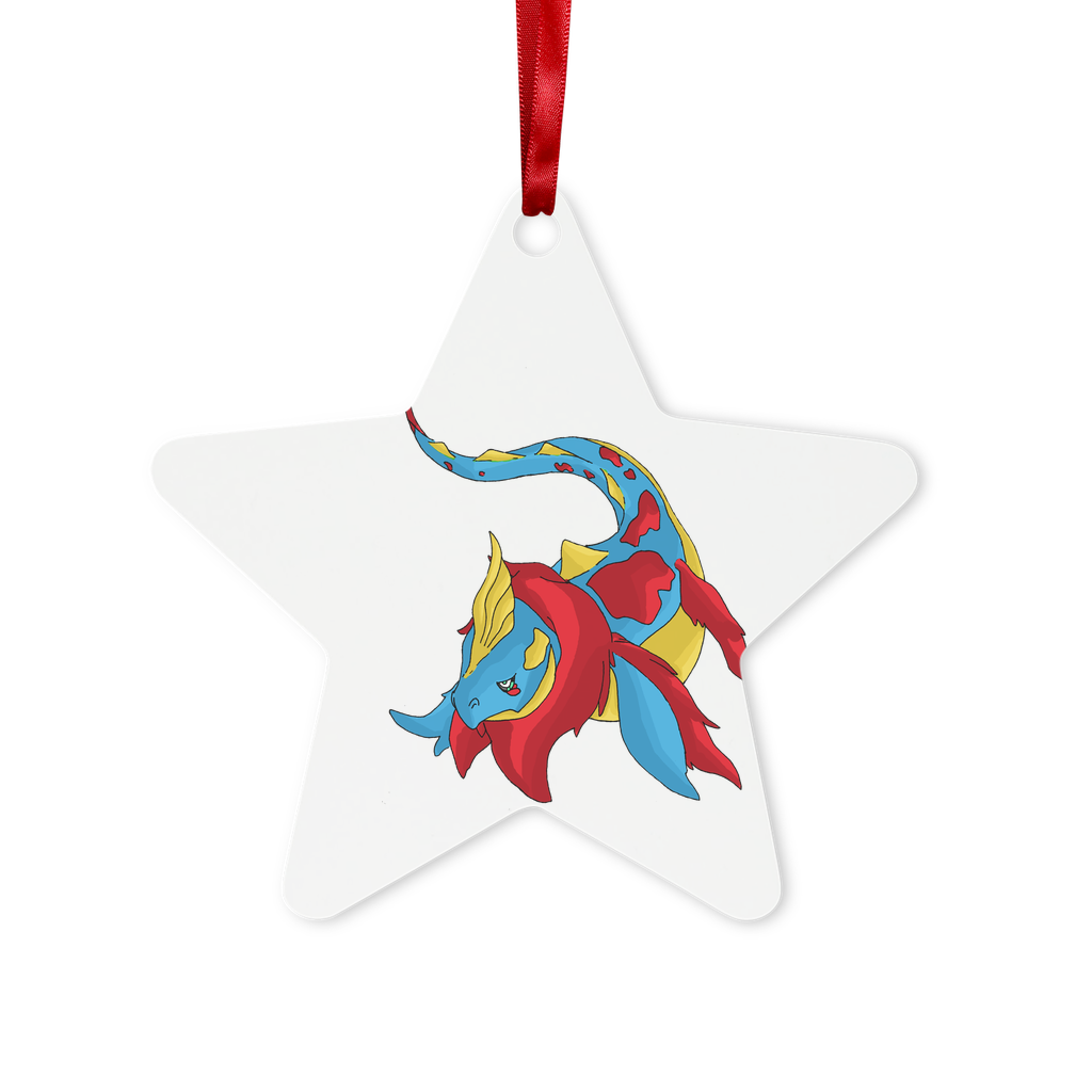 Sphale Metal Hanging Ornament in hexagon and star shapes, featuring a glossy white finish and red ribbon for hanging.