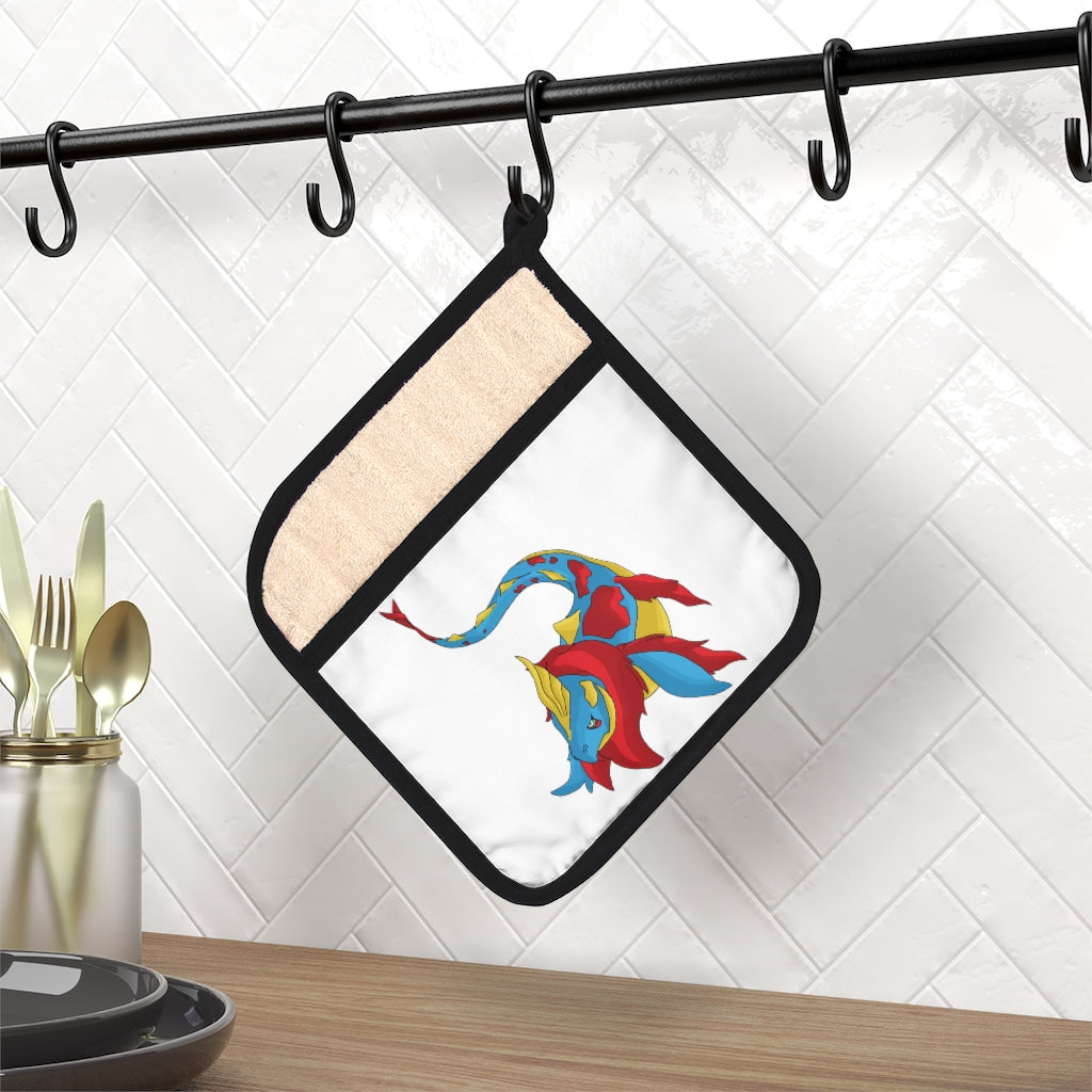 Sphale Pot Holder with Pocket, 9x9 inches, featuring a stylish design and black cotton hanging loop.