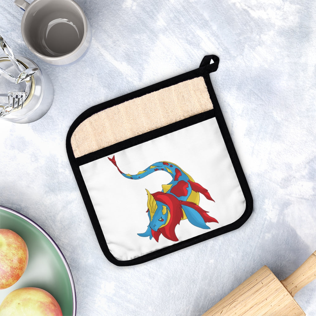 Sphale Pot Holder with Pocket, 9x9 inches, featuring a stylish design and black cotton hanging loop.