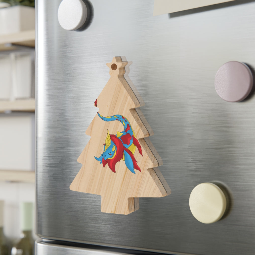 Sphale Wooden Christmas Ornaments featuring six whimsical shapes with a rustic wooden finish and red hanging ribbons.