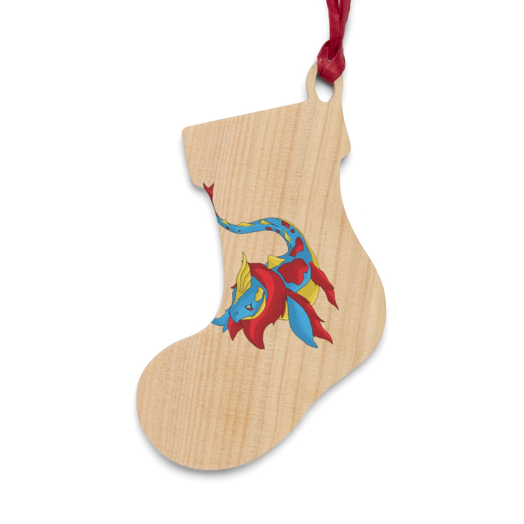 Sphale Wooden Christmas Ornaments featuring six whimsical shapes with a rustic wooden finish and red hanging ribbons.