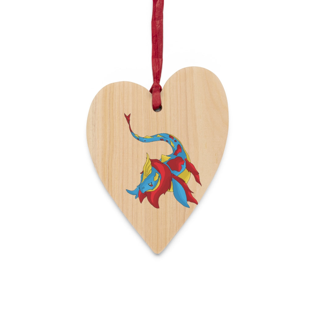 Sphale Wooden Christmas Ornaments featuring six whimsical shapes with a rustic wooden finish and red hanging ribbons.