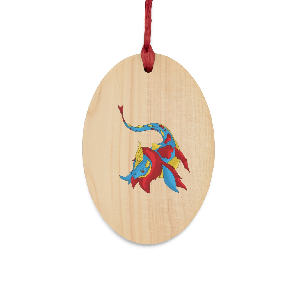 Sphale Wooden Christmas Ornaments featuring six whimsical shapes with a rustic wooden finish and red hanging ribbons.