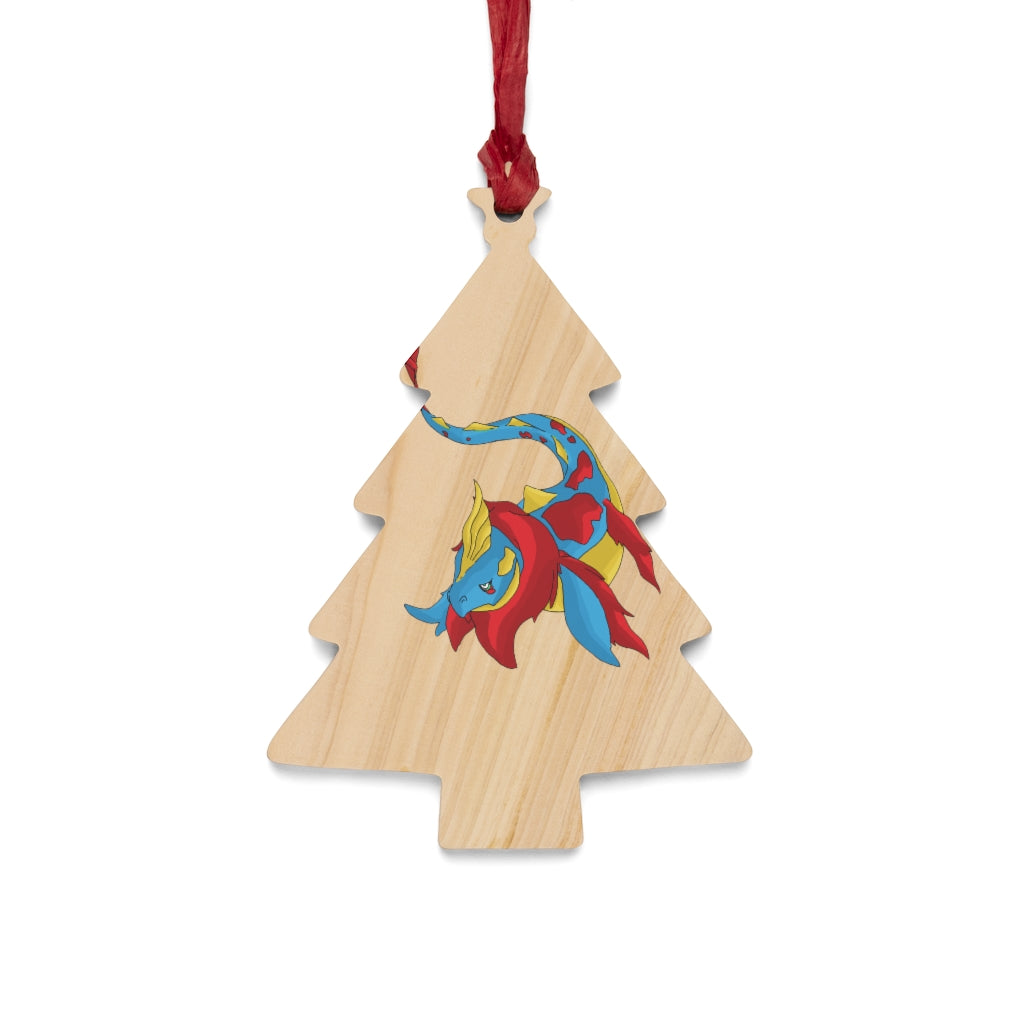 Sphale Wooden Christmas Ornaments featuring six whimsical shapes with a rustic wooden finish and red hanging ribbons.