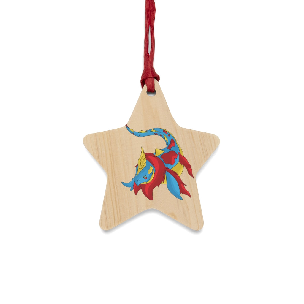 Sphale Wooden Christmas Ornaments featuring six whimsical shapes with a rustic wooden finish and red hanging ribbons.