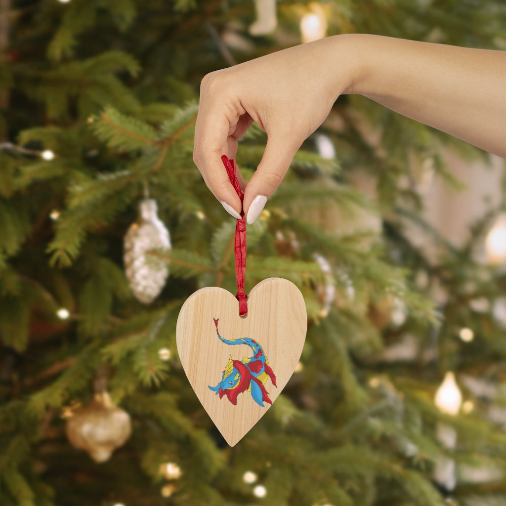 Sphale Wooden Christmas Ornaments featuring six whimsical shapes with a rustic wooden finish and red hanging ribbons.