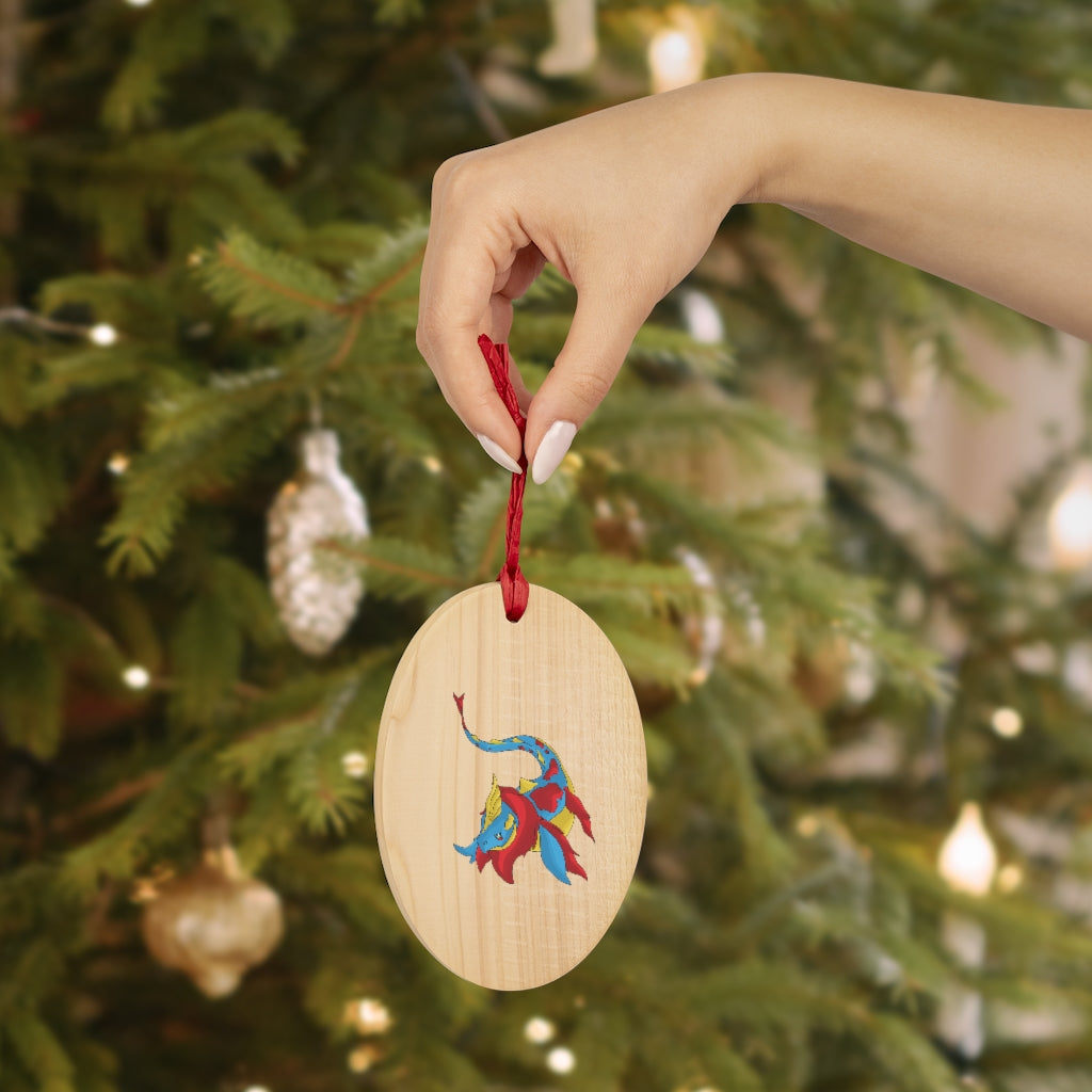 Sphale Wooden Christmas Ornaments featuring six whimsical shapes with a rustic wooden finish and red hanging ribbons.