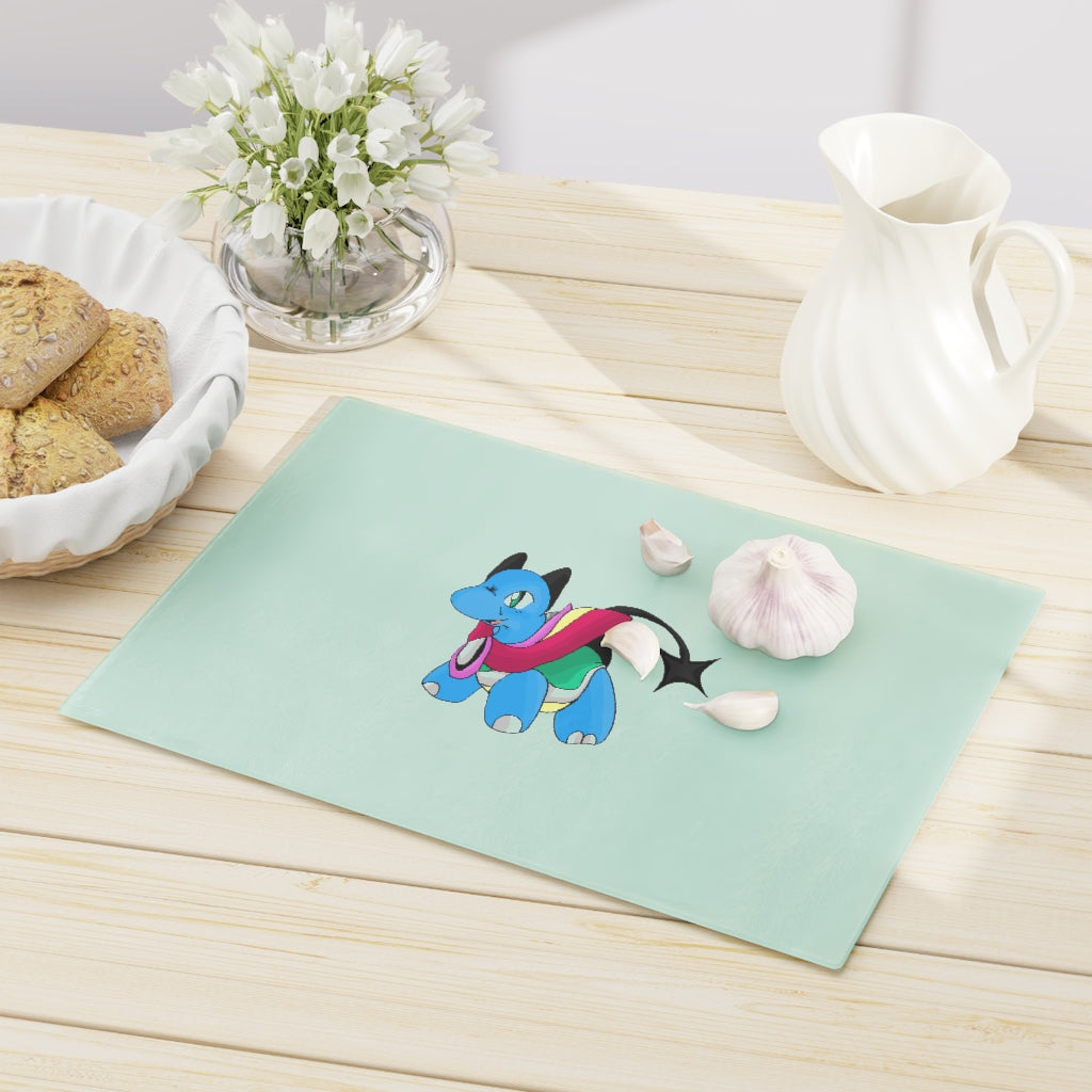 Sphanx Cutting Board made of tempered glass with rubber dots for stability, showcasing a personalized design.