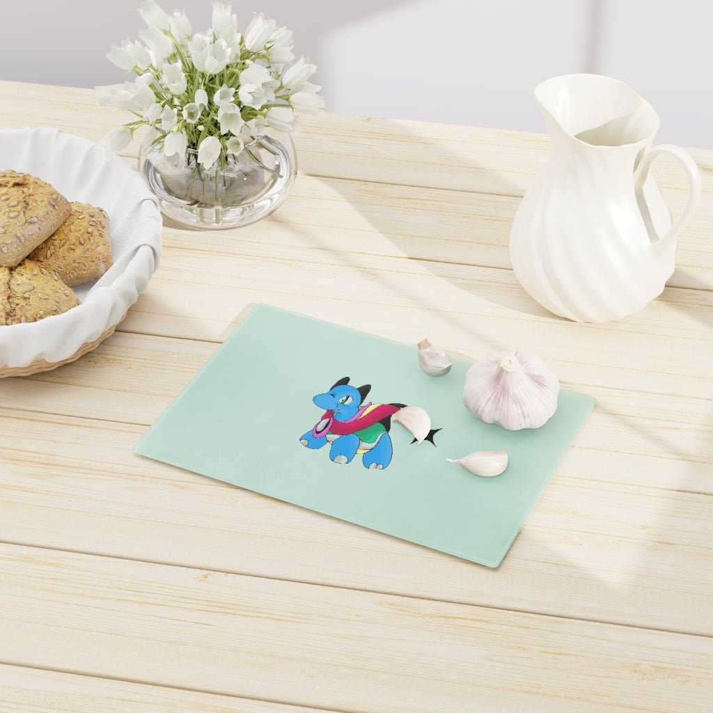 Sphanx Cutting Board made of tempered glass with rubber dots for stability, showcasing a personalized design.