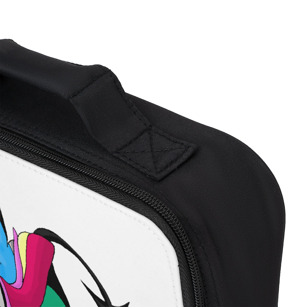 Sphanx Lunch Bag featuring a black exterior with a customizable white area, zippered closure, and sturdy carrying handle.