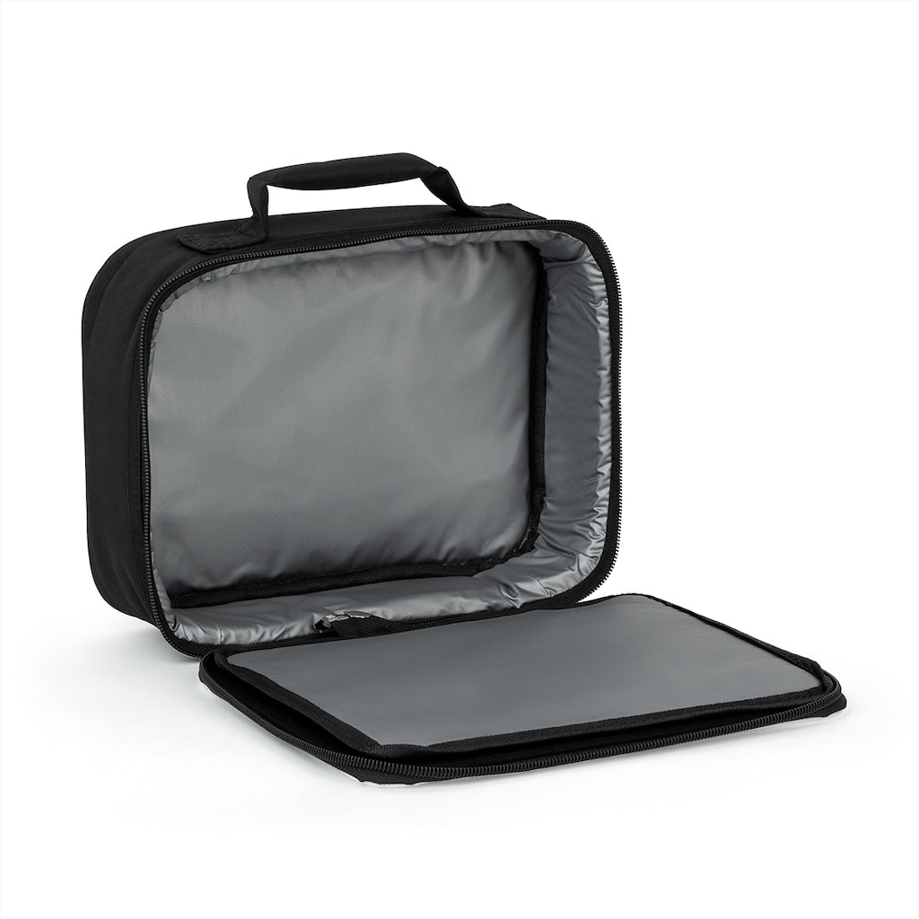 Sphanx Lunch Bag featuring a black exterior with a customizable white area, zippered closure, and sturdy carrying handle.