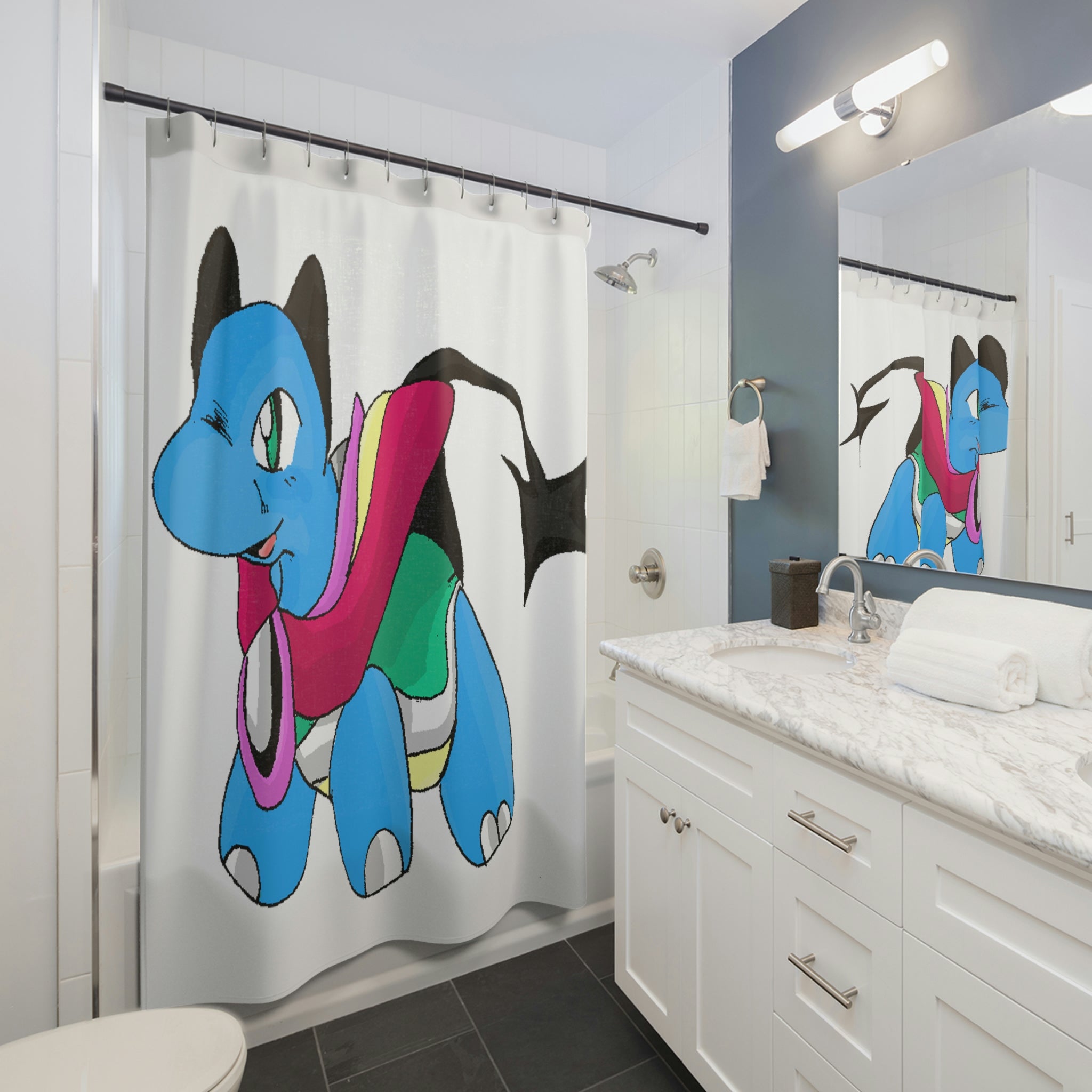 Sphanx Shower Curtain featuring vibrant custom designs, made from durable polyester material.