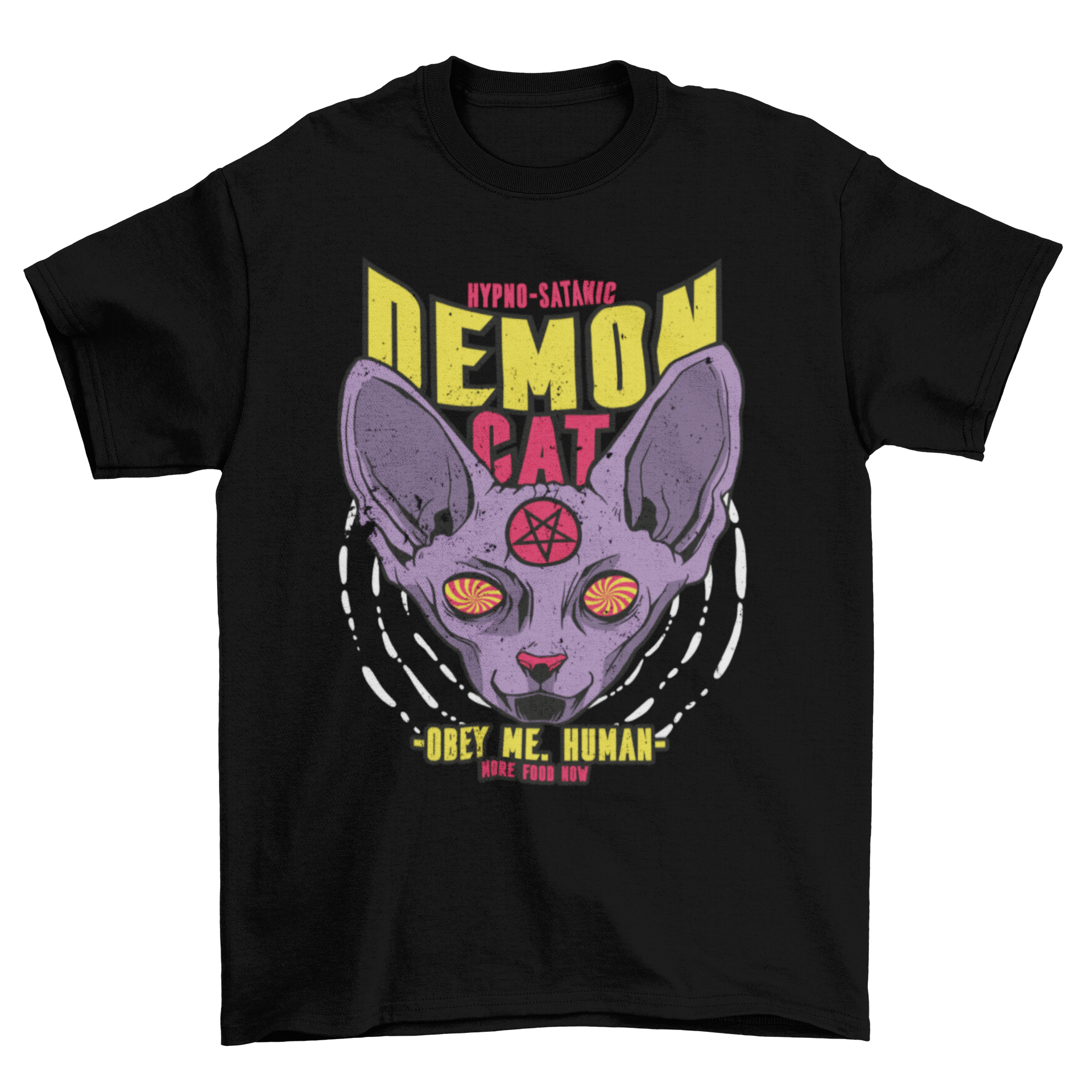 Sphinx cat satanic t-shirt featuring a striking design with the quote 'Demon cat'.