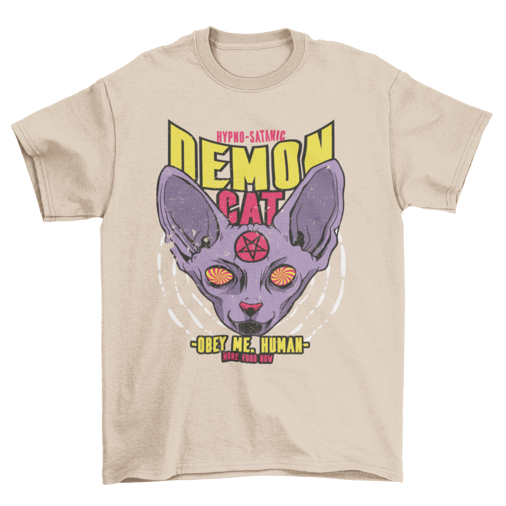 Sphinx cat satanic t-shirt featuring a striking design with the quote 'Demon cat'.