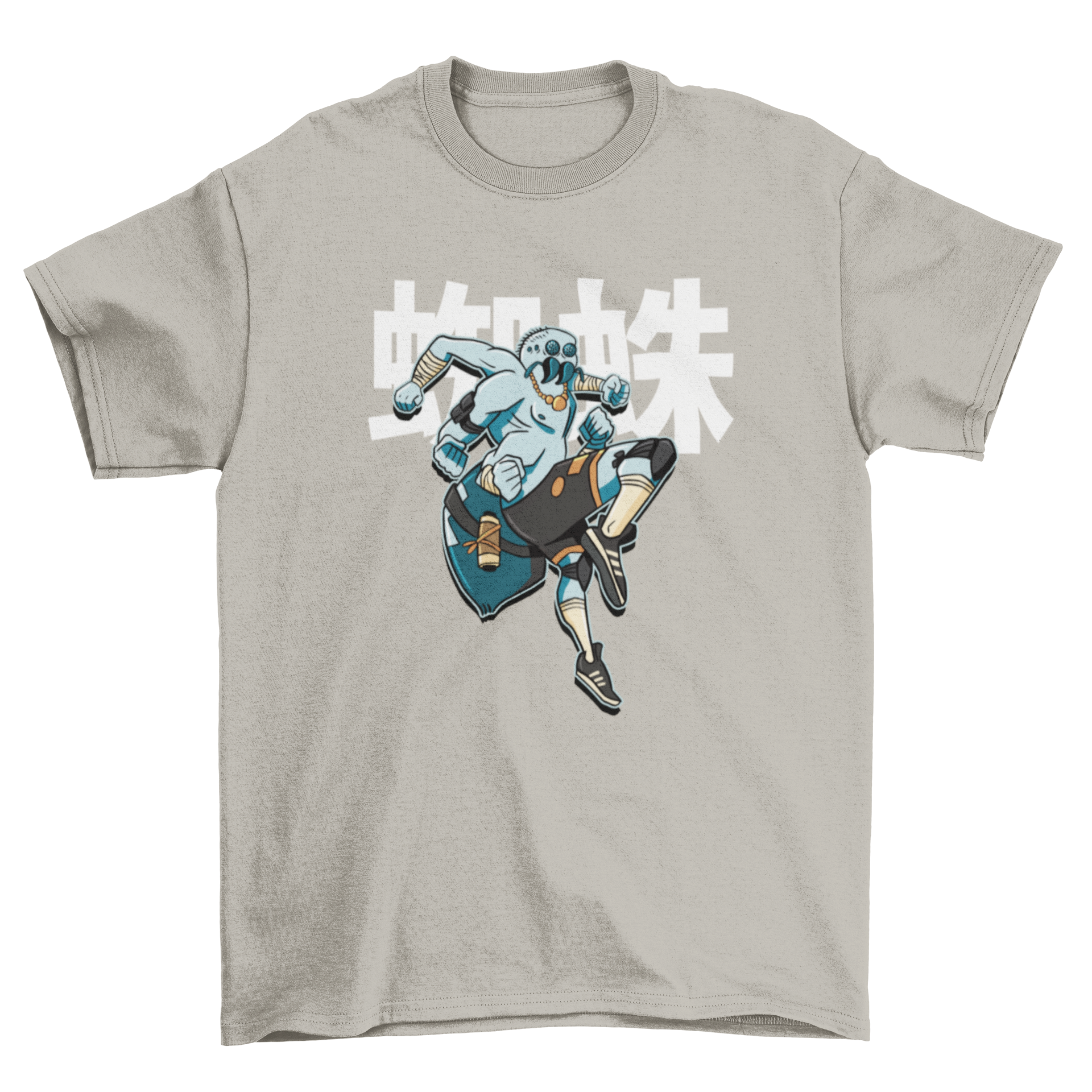 A creative t-shirt design featuring a spider in modern samurai attire, showcasing vibrant colors and dynamic movement.