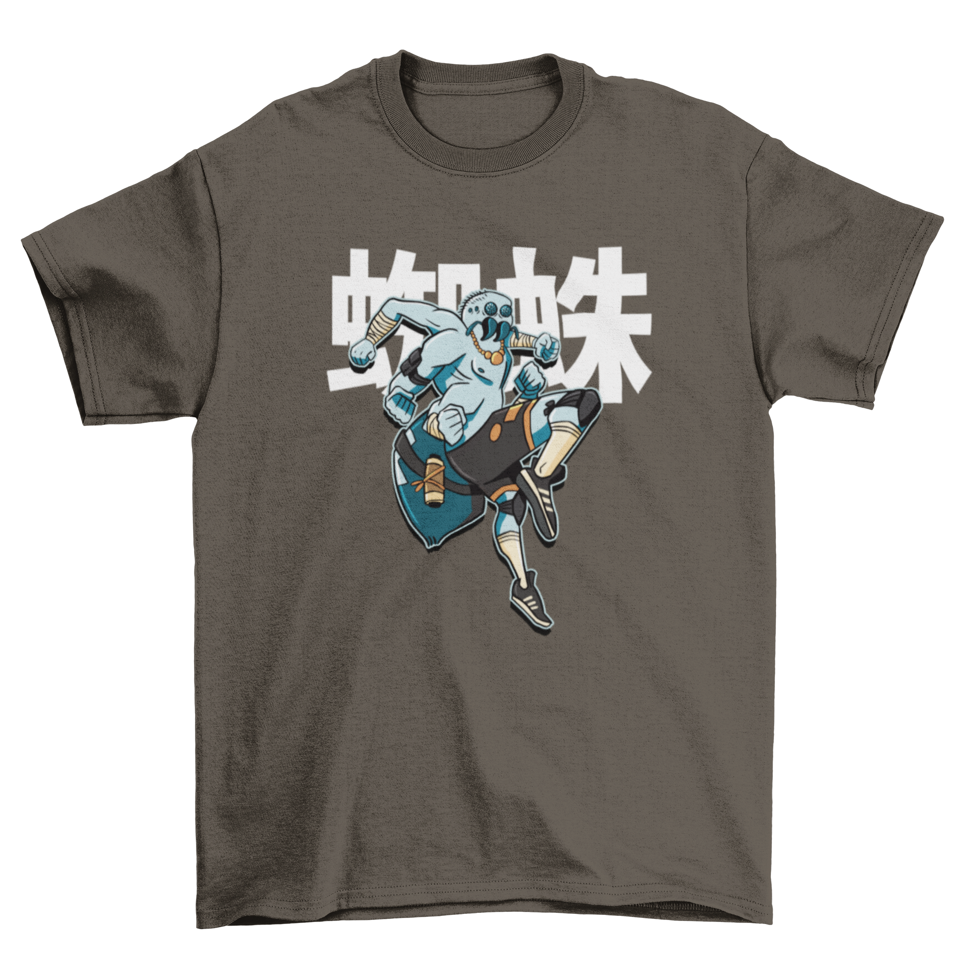 A creative t-shirt design featuring a spider in modern samurai attire, showcasing vibrant colors and dynamic movement.