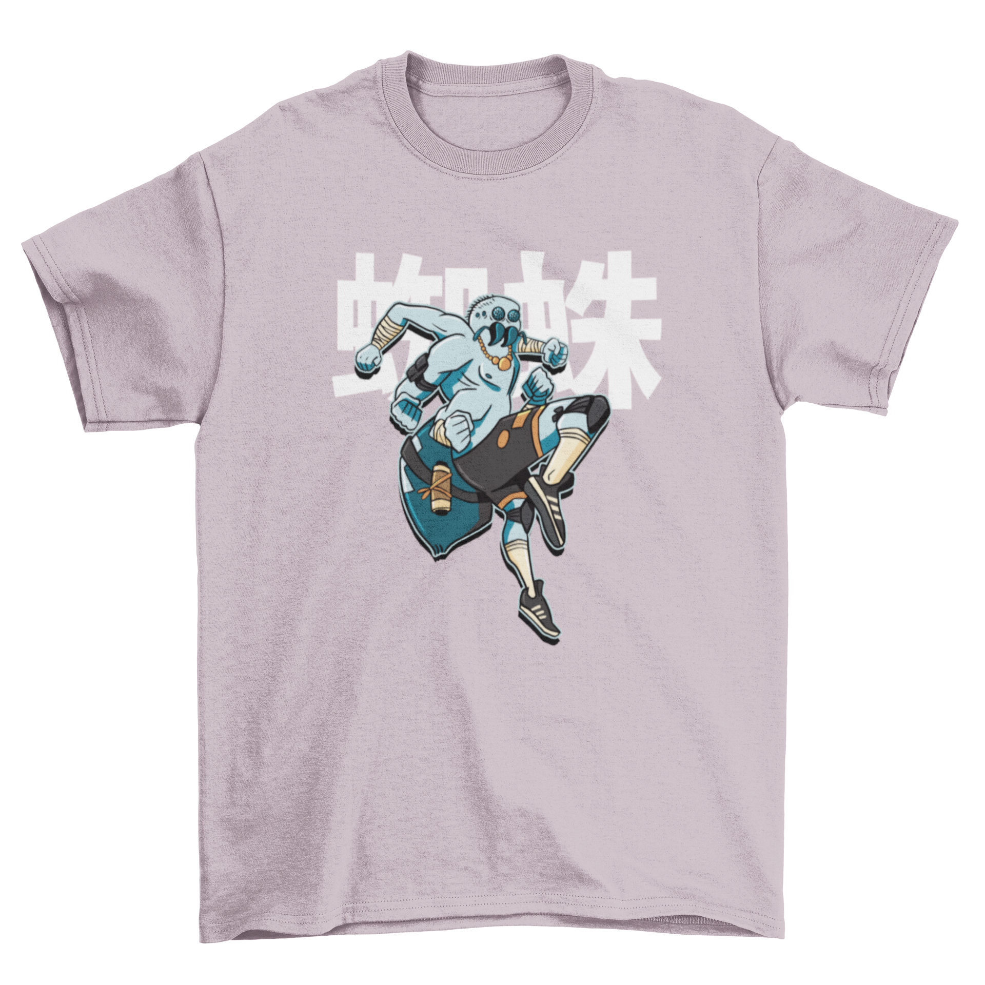 A creative t-shirt design featuring a spider in modern samurai attire, showcasing vibrant colors and dynamic movement.