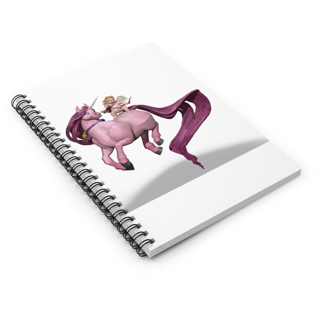 A stylish spiral notebook with ruled line pages, featuring a vibrant printed front cover and a sleek black back cover.