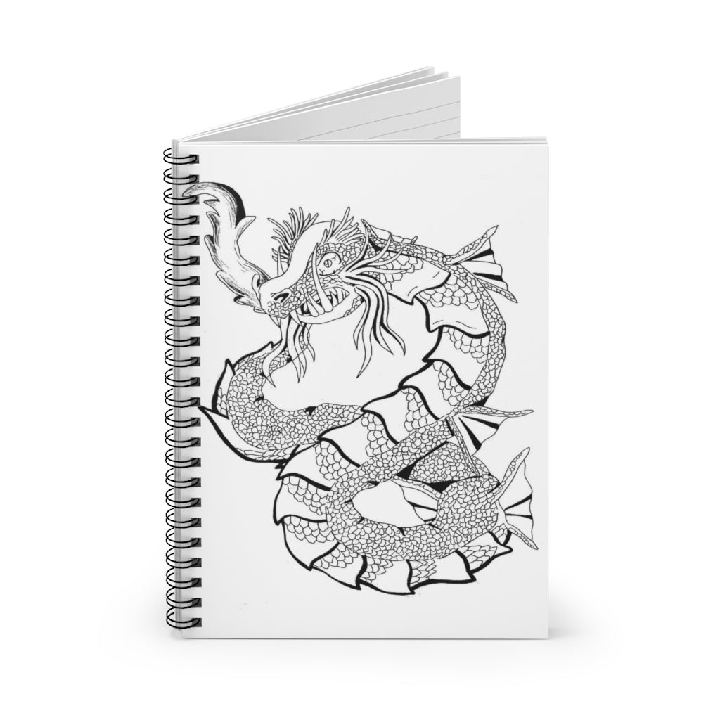 Spiral notebook with ruled line pages, featuring a colorful printed front cover and a sleek black back cover, ideal for writing notes and lists.