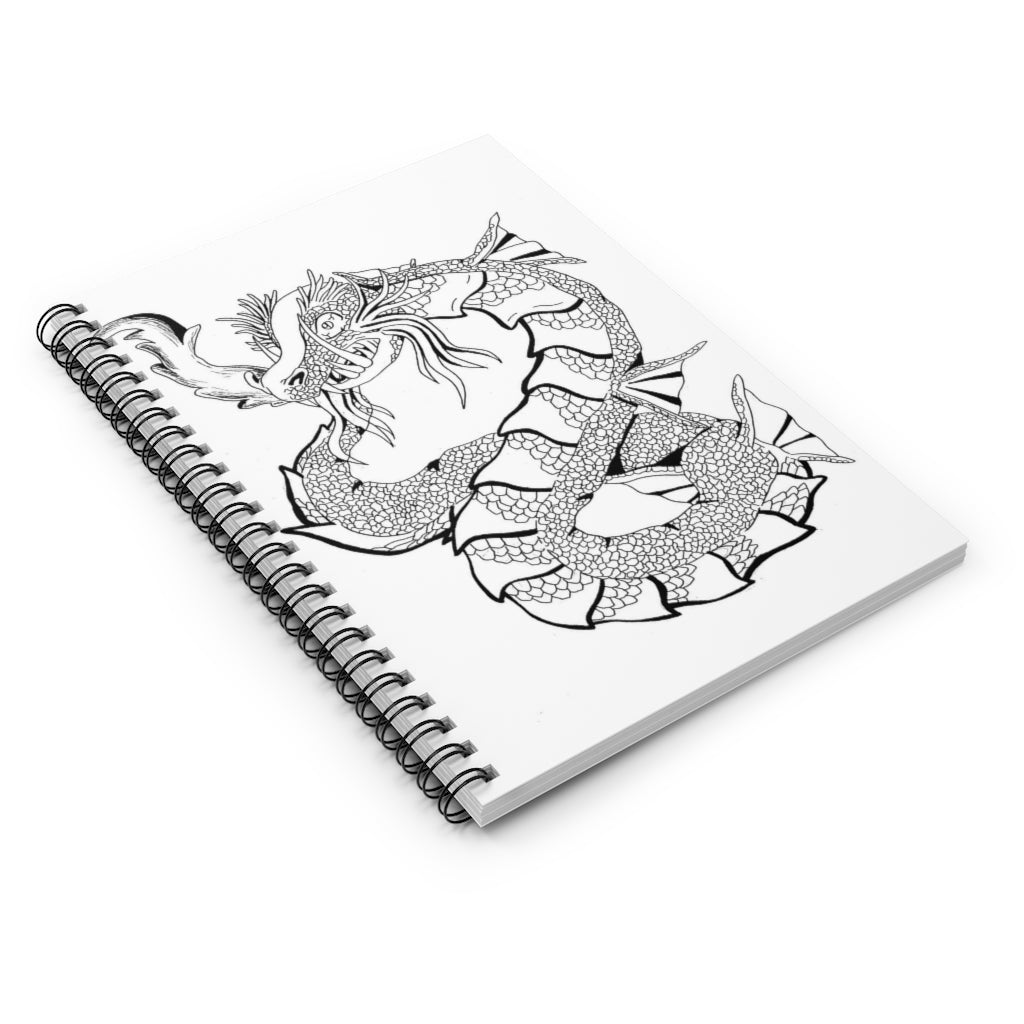 Spiral notebook with ruled line pages, featuring a colorful printed front cover and a sleek black back cover, ideal for writing notes and lists.