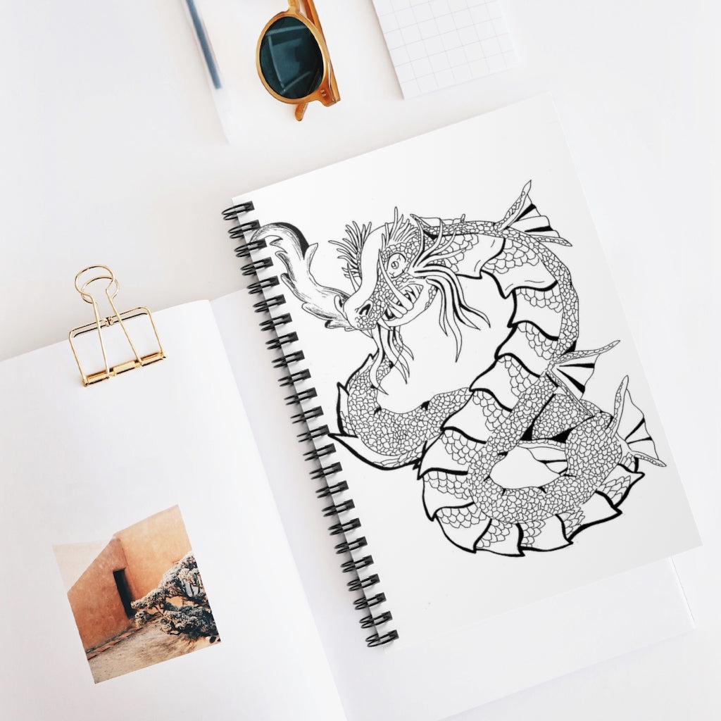 Spiral notebook with ruled line pages, featuring a colorful printed front cover and a sleek black back cover, ideal for writing notes and lists.