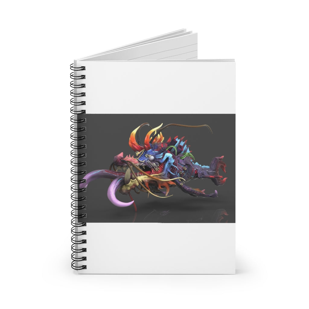 A stylish spiral notebook with ruled line pages, featuring a vibrant printed front cover and a sleek black back cover.