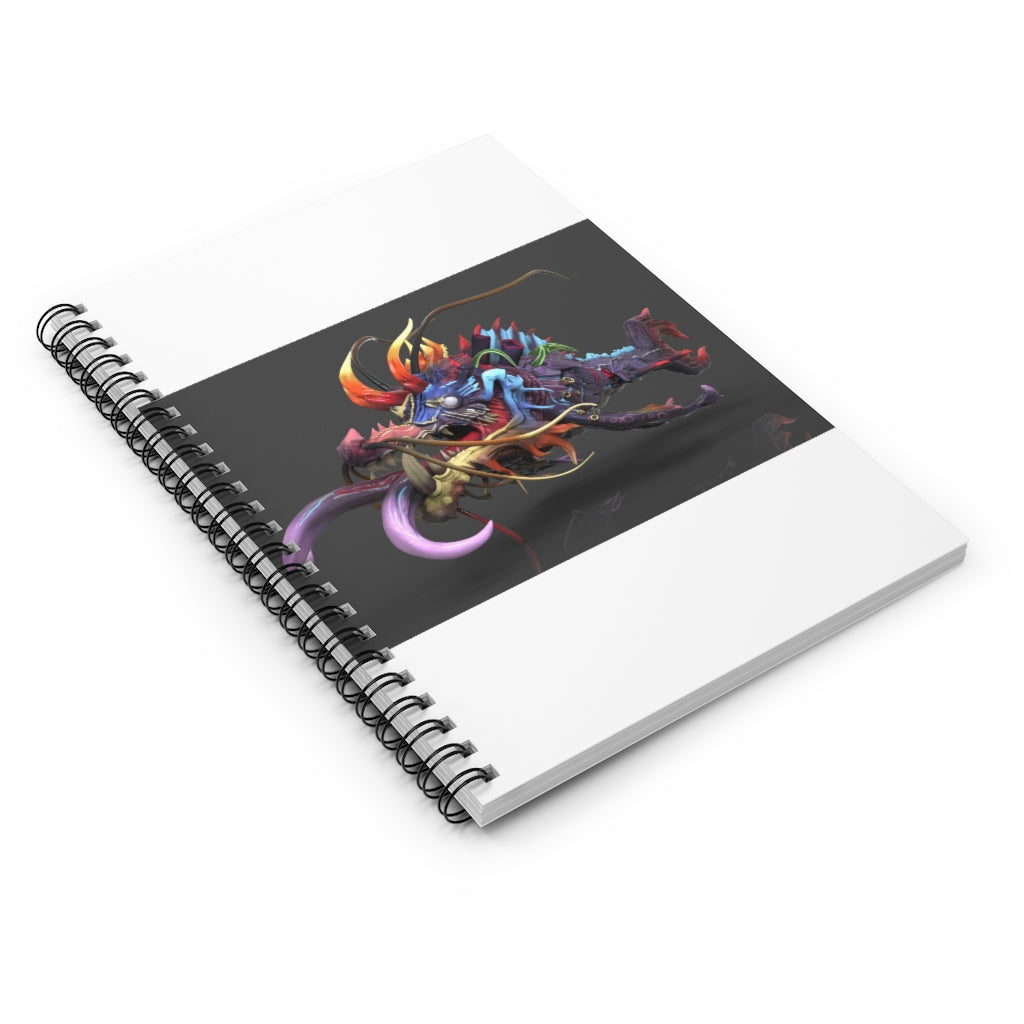 A stylish spiral notebook with ruled line pages, featuring a vibrant printed front cover and a sleek black back cover.